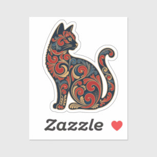 Sierlijke Zittende Kat Sticker - Zwart met Rood &
