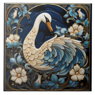 Sierlijke Zwaan, Blauw en Wit, Vogel & Bloemen Tegeltje