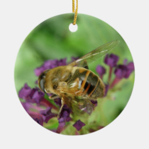 Sierobject met honingbij en paarse bloemen keramisch ornament