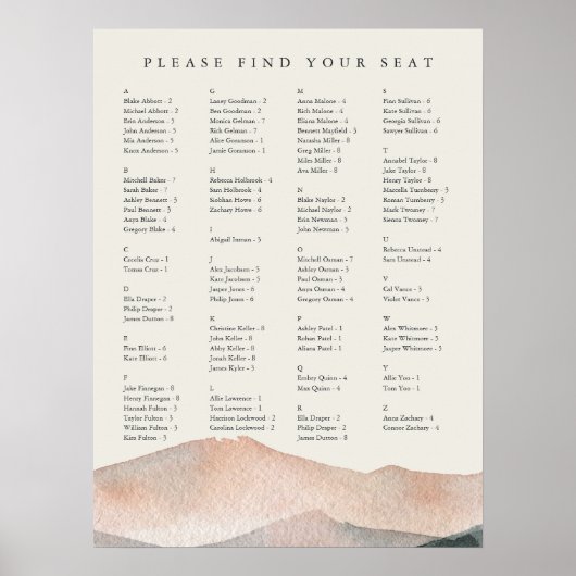 Sierra Dusk | Alphabetical Wedding Seating Chart Poster (Voorkant)