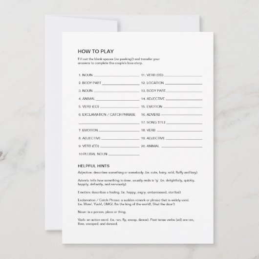 SIERRA Vrijgezellenfeest Libs, Vul het spel Blanks Kaart (Achterkant)