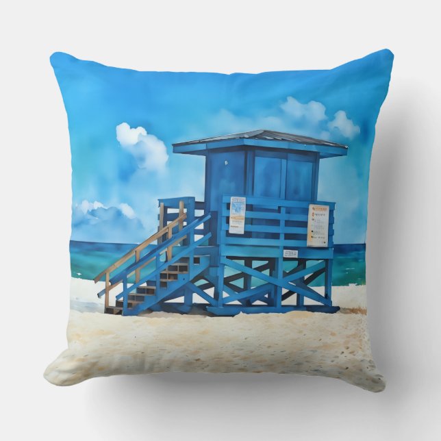 Siesta Key Beach Blauwe Reddingstorens Kussen (Voorkant)