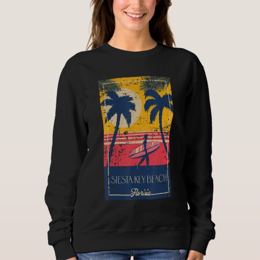 Siesta Key Beach Florida Retro Surfer Beach Distre Trui (Voorkant)