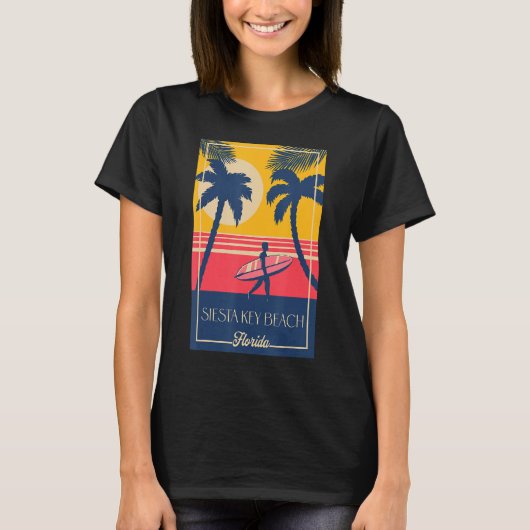 Siesta Key Beach Florida Retro Surfer Beach-ontwer T-shirt (Voorkant)