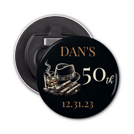 Sigaren en Bourbon Verjaardag Button Flesopener (Voorkant)
