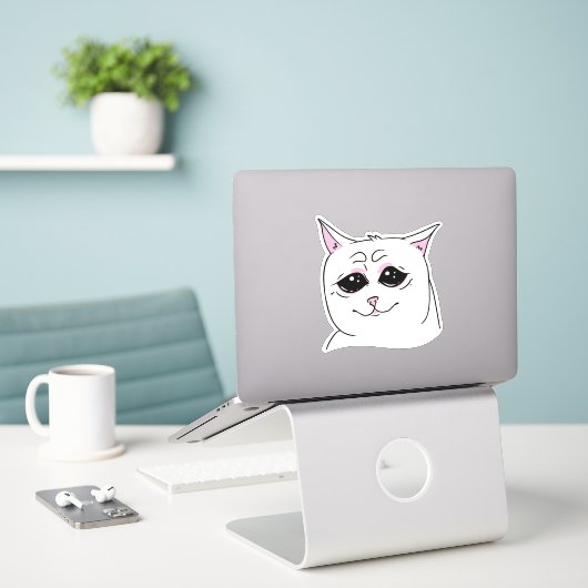 SIGMA SAD WHITE CAT FACE ANIMAAL STICKER (Laptop op bureau)