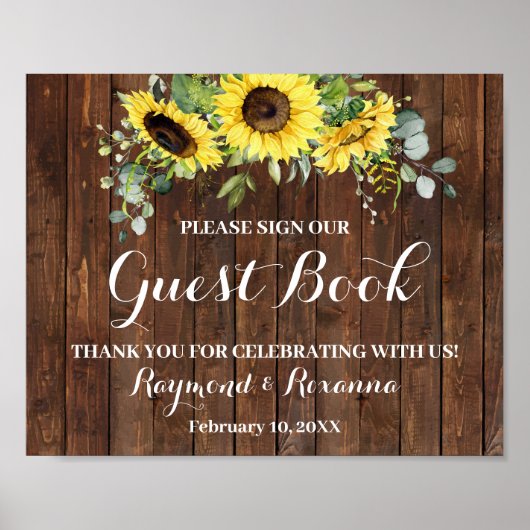 Sign Guest Book Wedding Sunflower Greenery Sign Poster (Voorkant)