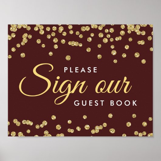 Sign Guestbook Gold Faux Glitter Confetti Marsala Poster (Voorkant)