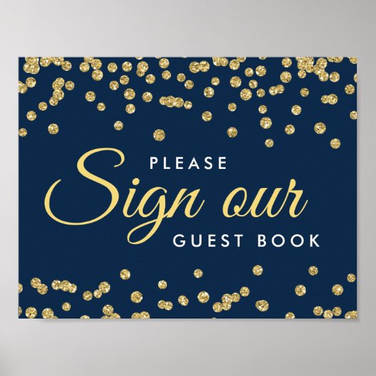 Sign Guestbook Gold Faux Glitter Confetti Navy Poster (Voorkant)