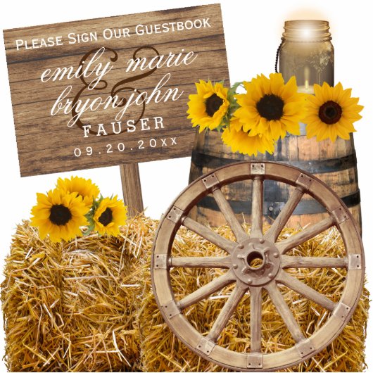 Sign Guestbook - Hout en zonnebloemen Staand Fotobeeldje (Voorkant)