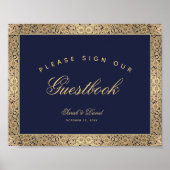 Sign Guestbook Navy Blue Gold Rozen Weddenschap Poster (Voorkant)
