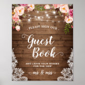 Sign Guestbook Rustic Floral String Lights Lace Poster (Voorkant)