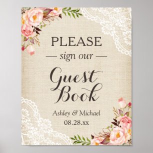 Sign Guestbook Wedding Rustic Burlap Floral Poster