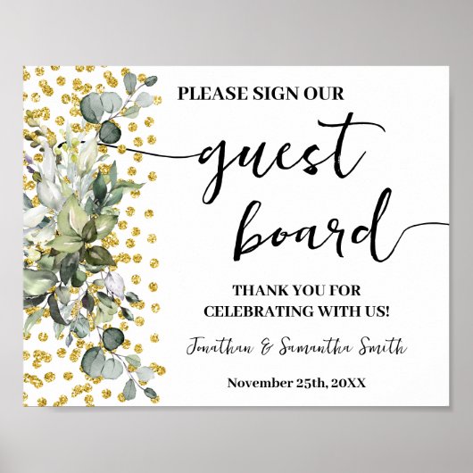 Sign Our Guest Board Wedding Eucalyptus Gold Poster (Voorkant)