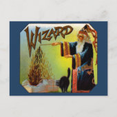 signaallabel, magische wizard met zwart katje briefkaart (Voorkant)
