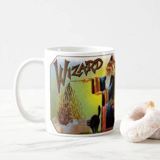  signaallabel, magische wizard met zwart katje koffiemok (Met donut)