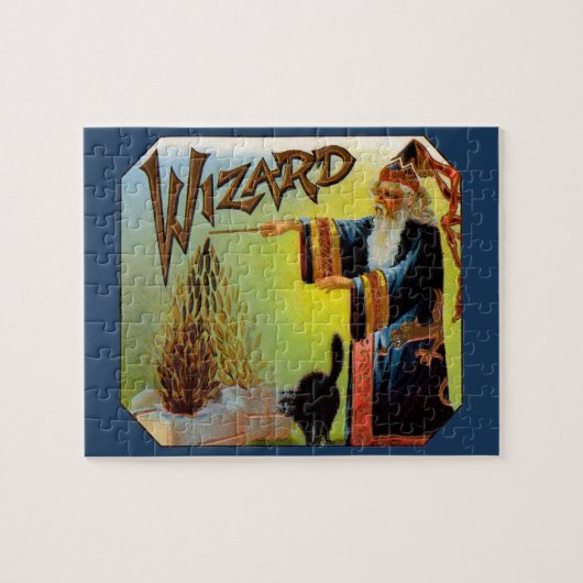 signaallabel, magische wizard met zwart katje legpuzzel (Horizontaal)