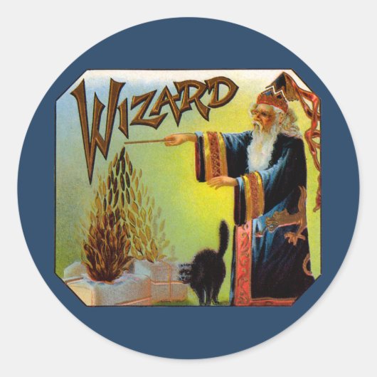 signaallabel, magische wizard met zwart katje ronde sticker (Voorkant)