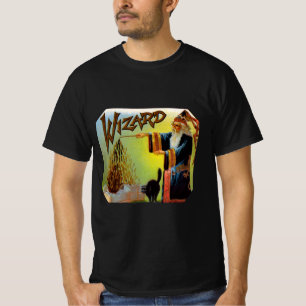 signaallabel, magische wizard met zwart katje t-shirt