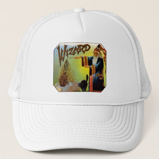  signaallabel, magische wizard met zwart katje trucker pet (Voorkant)