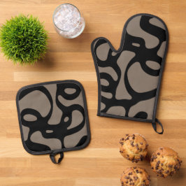 Signalen op afstand: Abstract zwart & grijs Ovenwant & Pannenlap Set