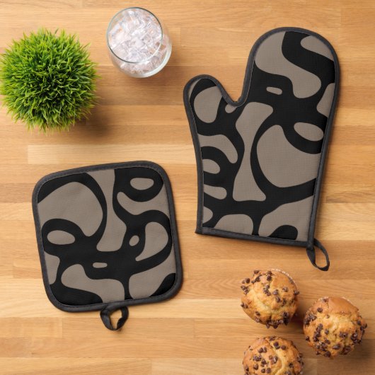 Signalen op afstand: Abstract zwart & grijs Ovenwant & Pannenlap Set (Top down)