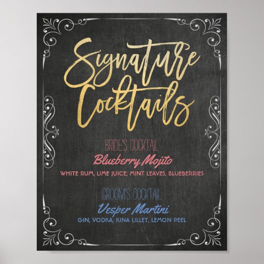 Signature Cocktail Drink Menu Wedding Decor Sign Poster (Voorkant)