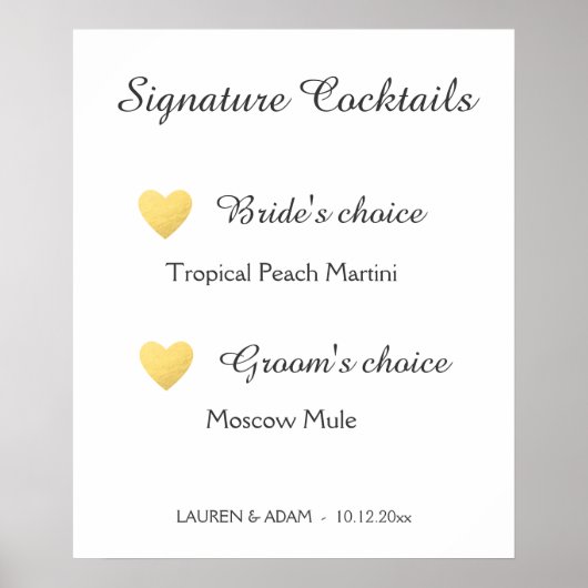 Signature Cocktails bruiloft sign, faux gold harar Poster (Voorkant)