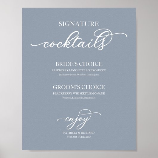 Signature Cocktails Chic Script Dusty Blue Sign Poster (Voorkant)