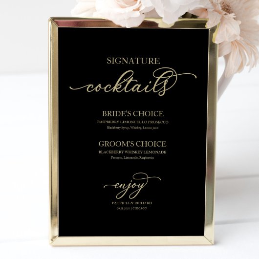 Signature Cocktails Goud Schrift Zwart Bord Poster