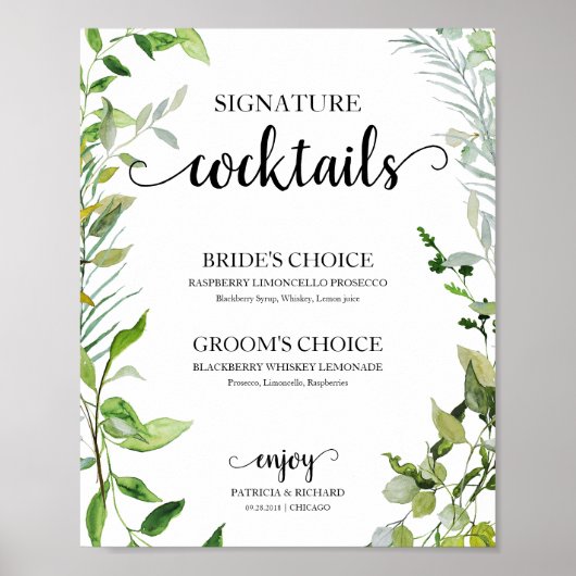 Signature Cocktails Greenery Waterverf Elegant Poster (Voorkant)