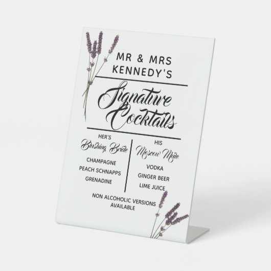 Signature Cocktails Lavender Wedding Drink Sign Reclamebord Met Voetstuk (Voorkant)