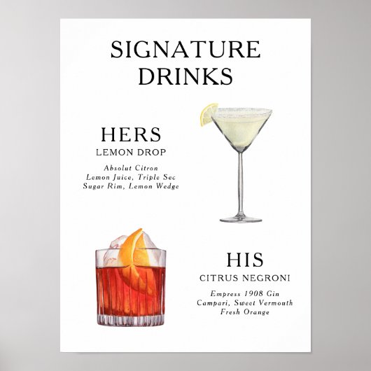 Signature Drankjes Bruiloft Cocktail Menu Poster (Voorkant)