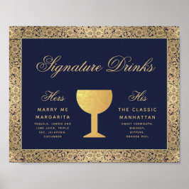 Signature Drankjes Marineblauw Gouden Rozen Trouwf Poster