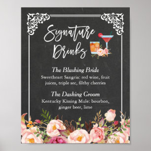 Signature Drink Cocktail Floral Chalkboard Wedding Poster