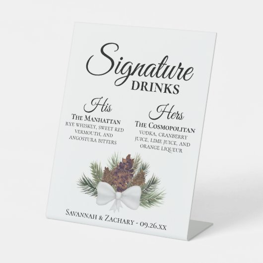 Signature Drink rustieke Pinecones Boeket bruiloft Reclamebord Met Voetstuk (Voorkant)