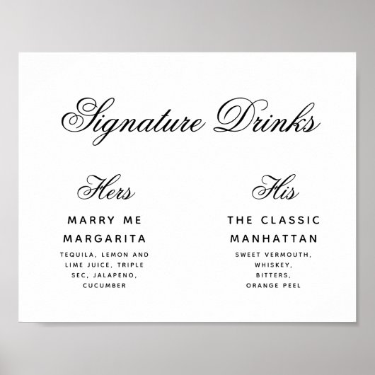 Signature Drink Simple Black & White Wedding Sign Poster (Voorkant)