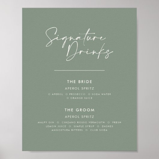 Signature drinken bruiloft modern minimal sage gro poster (Voorkant)