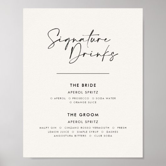 Signature drinken bruiloft modern minimal wit poster (Voorkant)