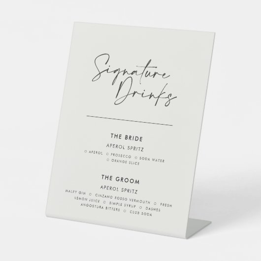 Signature drinken bruiloft modern minimal wit reclamebord met voetstuk (Voorkant)