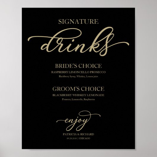 Signature Drinken Chic Gold Script Black Sign Poster (Voorkant)