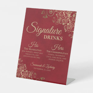 Signature Drinken Elegant rood & goud bruiloft bar Reclamebord Met Voetstuk