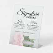 Signature Drinken Elegant Roze Rose Bruiloft Reclamebord Met Voetstuk (Voorkant)