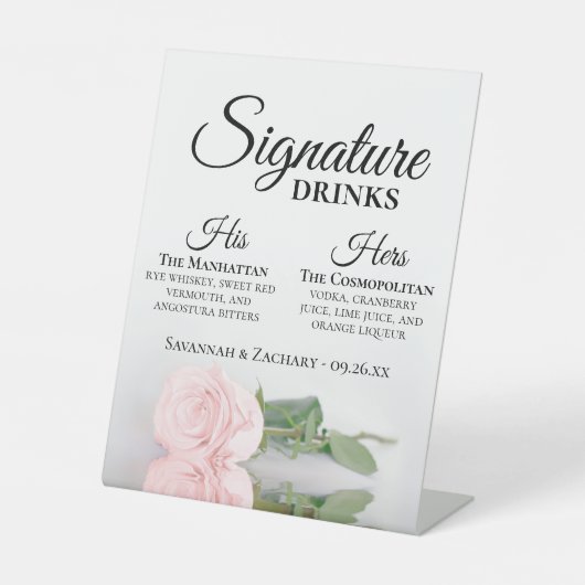 Signature Drinken Elegant Roze Rose Bruiloft Reclamebord Met Voetstuk (Voorkant)
