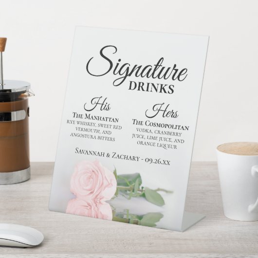 Signature Drinken Elegant Roze Rose Bruiloft Reclamebord Met Voetstuk (Insitu)