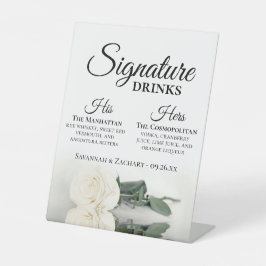 Signature Drinken Elegant White Rose Bruiloft Reclamebord Met Voetstuk