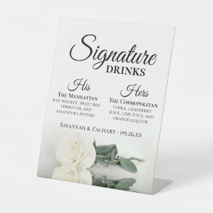 Signature Drinken Elegant White Rose Bruiloft Reclamebord Met Voetstuk
