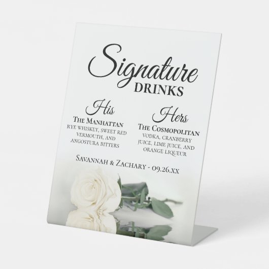 Signature Drinken Elegant White Rose Bruiloft Reclamebord Met Voetstuk (Voorkant)