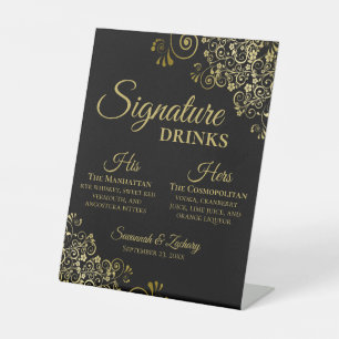 Signature Drinken Elegant Zwart & Goud Bruiloft Ba Reclamebord Met Voetstuk