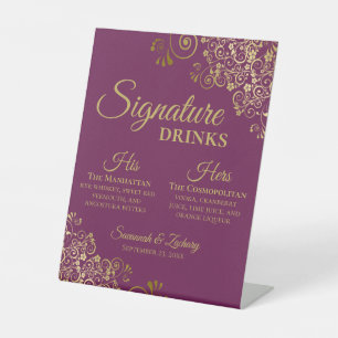 Signature Drinken Elegante Magenta & Gold Wedding Reclamebord Met Voetstuk